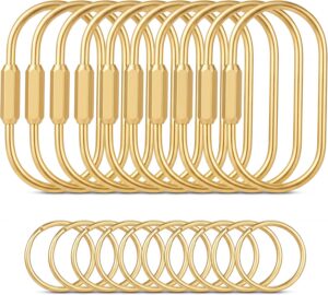 Tiezzi Gold Brass Key Rings, 10 Pack Keychain with 10 Flat Rings Carabiner Clip, Screw Lock Keys Organizer, Purse Bag Accessories Charms Holder for Handbags, Doll, Car Keys - Medium Size